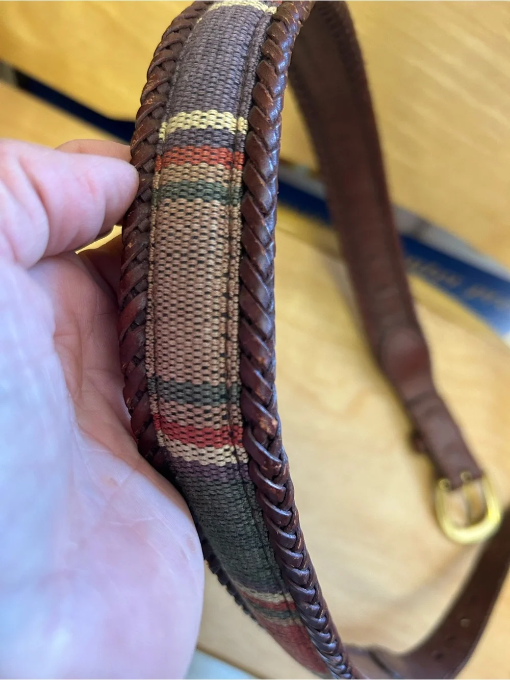 REI Size 30 Brown Full Grain Leather Belt With Padded Plaid Canvas Brass Buckle